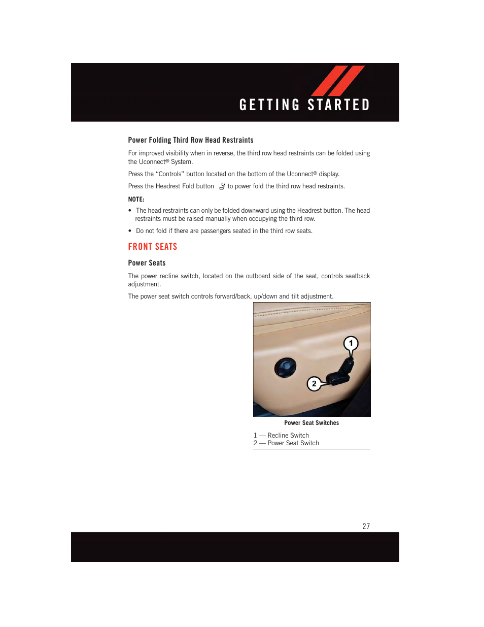 Power folding third row head restraints, Front seats, Power seats | Dodge 2015 Durango - User Guide User Manual | Page 29 / 228