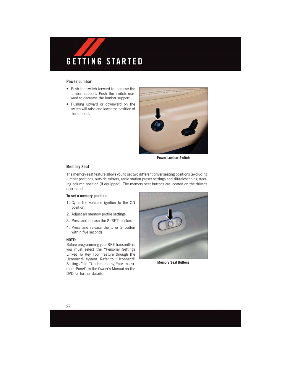 Power lumbar, Memory seat | Dodge 2015 Durango - User Guide User Manual | Page 30 / 228