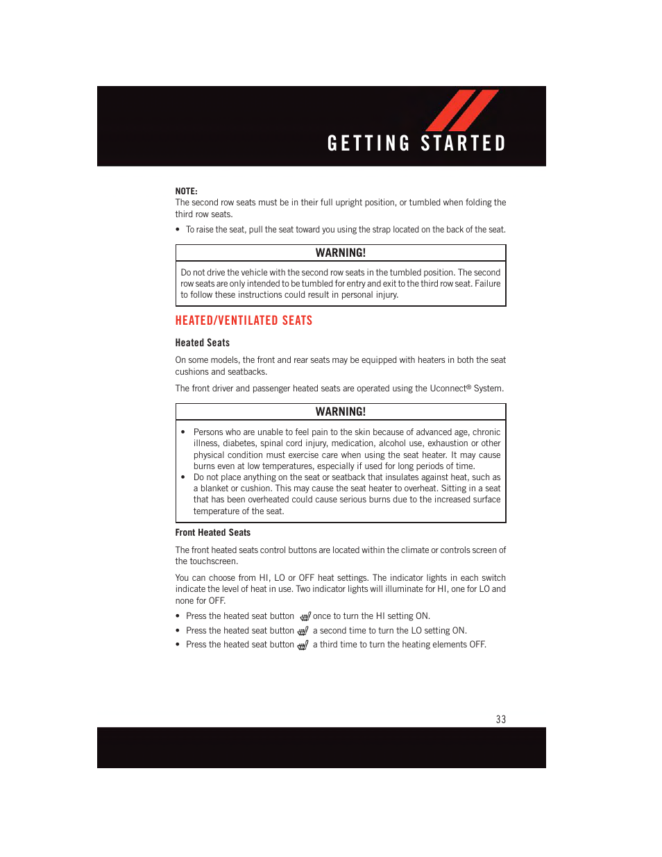 Heated/ventilated seats, Heated seats | Dodge 2015 Durango - User Guide User Manual | Page 35 / 228