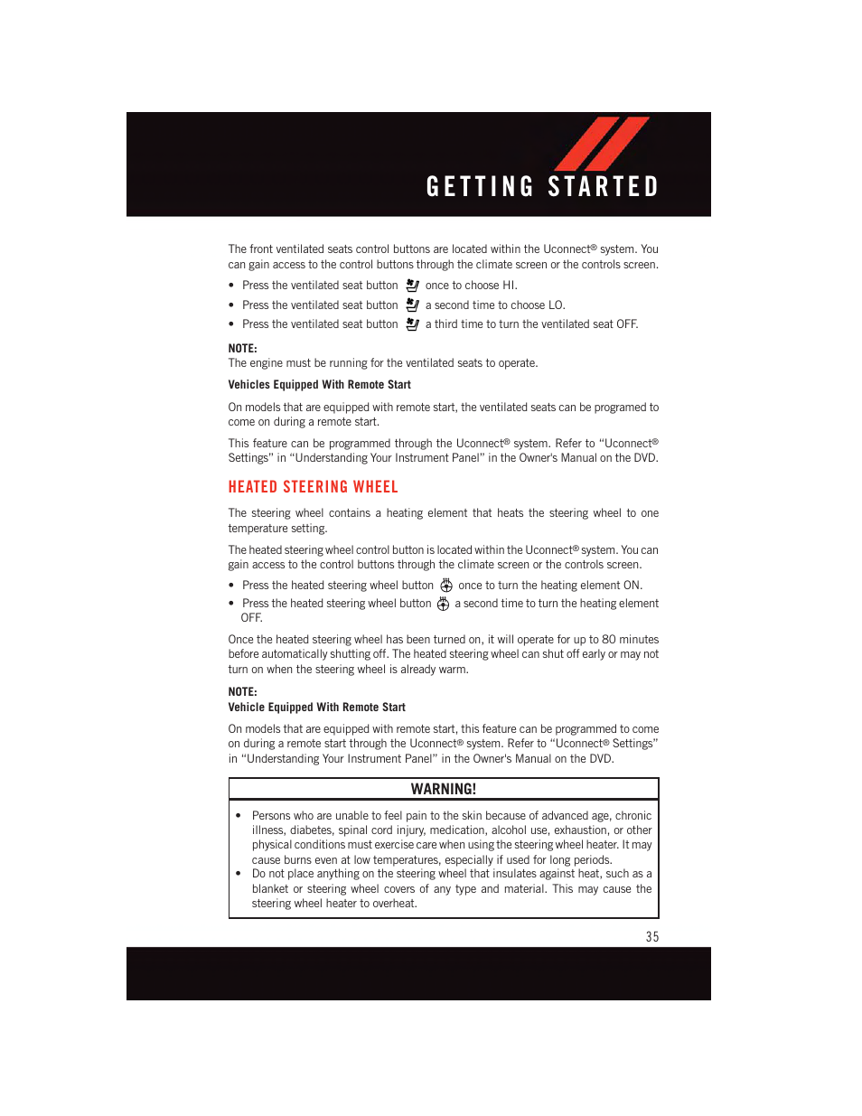Heated steering wheel, Warning | Dodge 2015 Durango - User Guide User Manual | Page 37 / 228