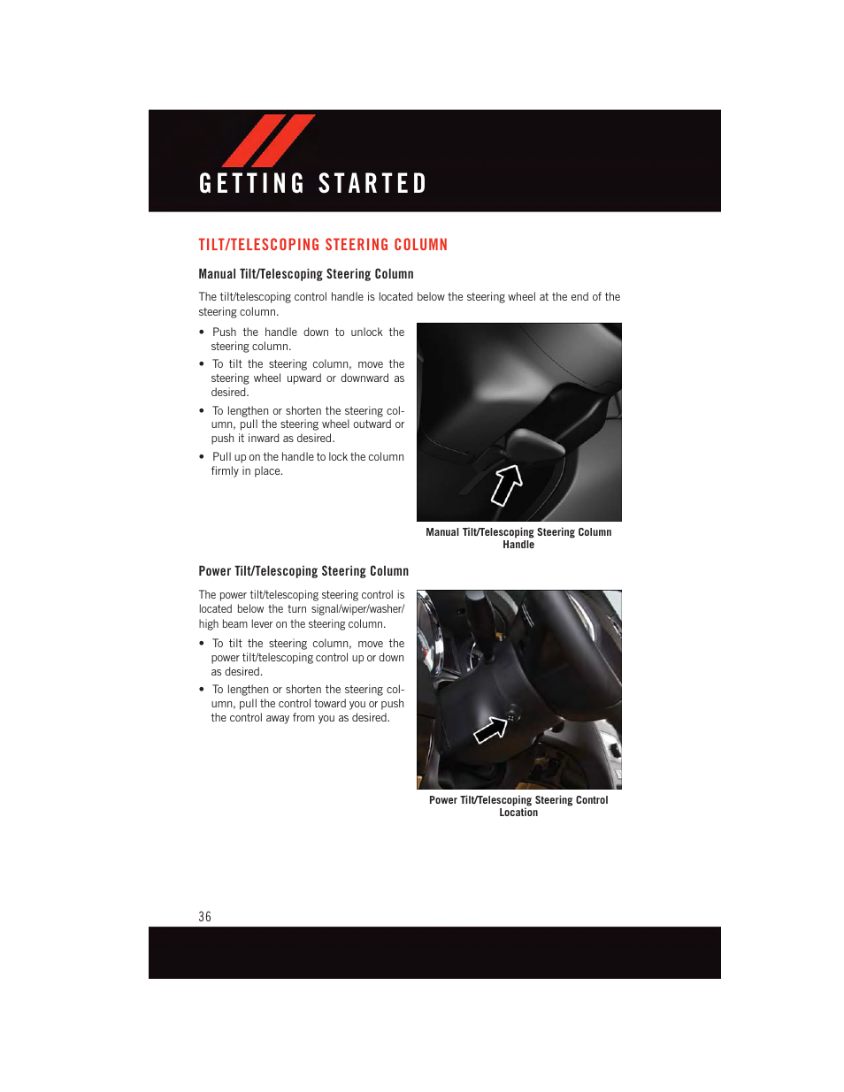Tilt/telescoping steering column, Manual tilt/telescoping steering column, Power tilt/telescoping steering column | Tilt/telescoping steering, Column | Dodge 2015 Durango - User Guide User Manual | Page 38 / 228