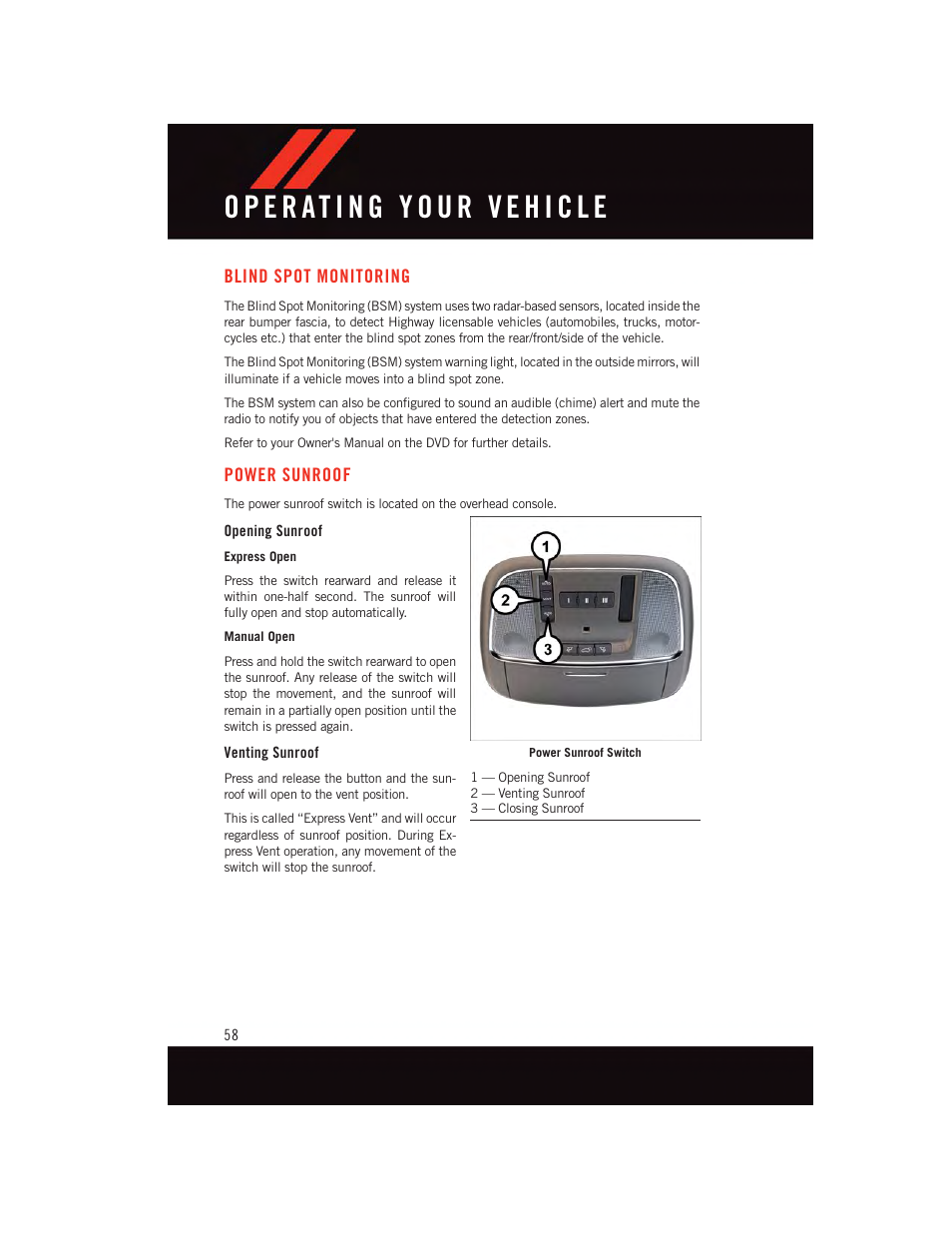 Blind spot monitoring, Power sunroof, Opening sunroof | Venting sunroof | Dodge 2015 Durango - User Guide User Manual | Page 60 / 228