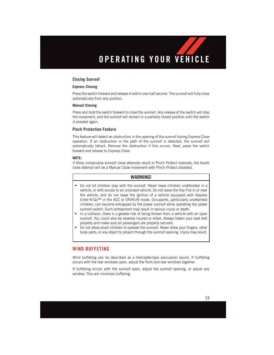 Closing sunroof, Pinch protection feature, Wind buffeting | Dodge 2015 Durango - User Guide User Manual | Page 61 / 228