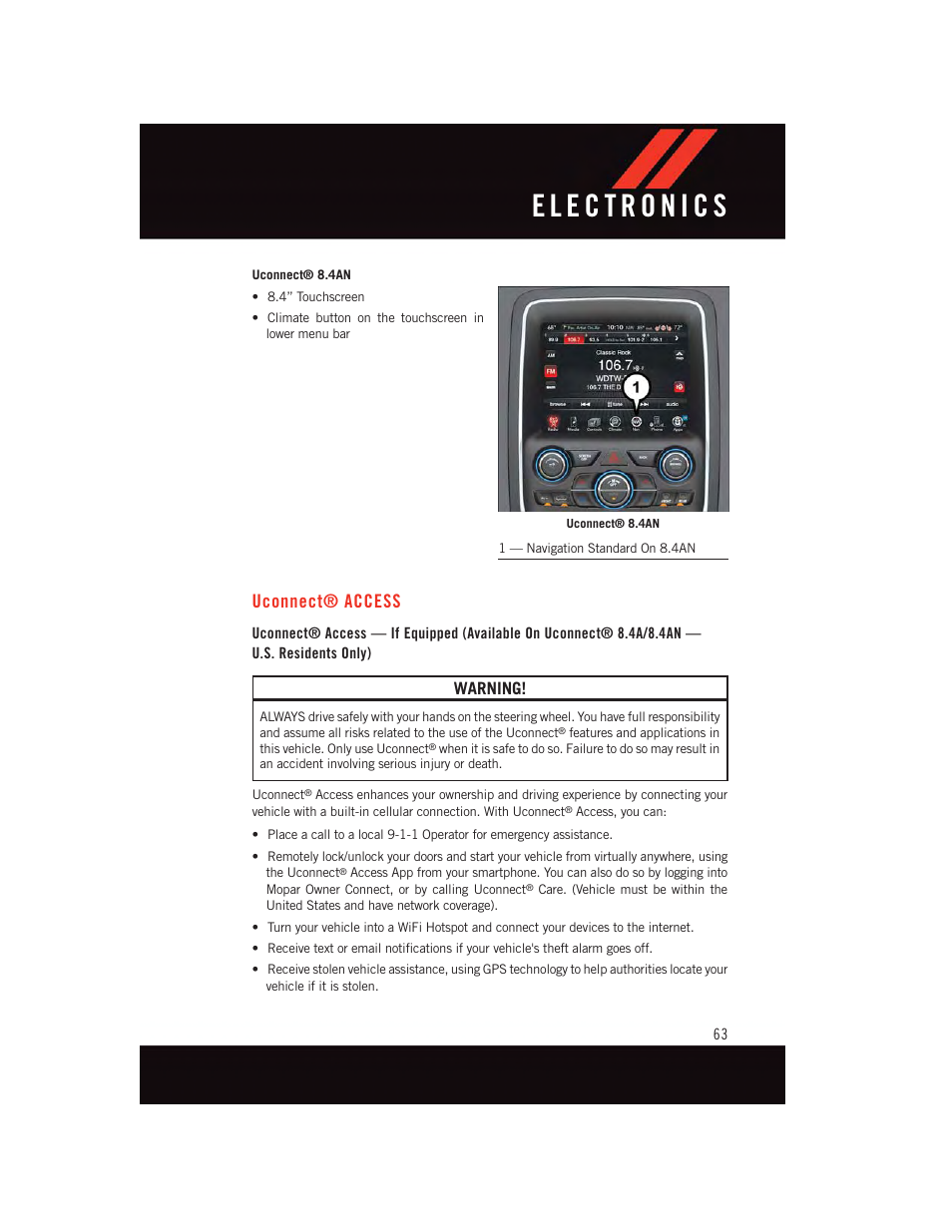 Uconnect® access, Uconnect, Access | Warning | Dodge 2015 Durango - User Guide User Manual | Page 65 / 228