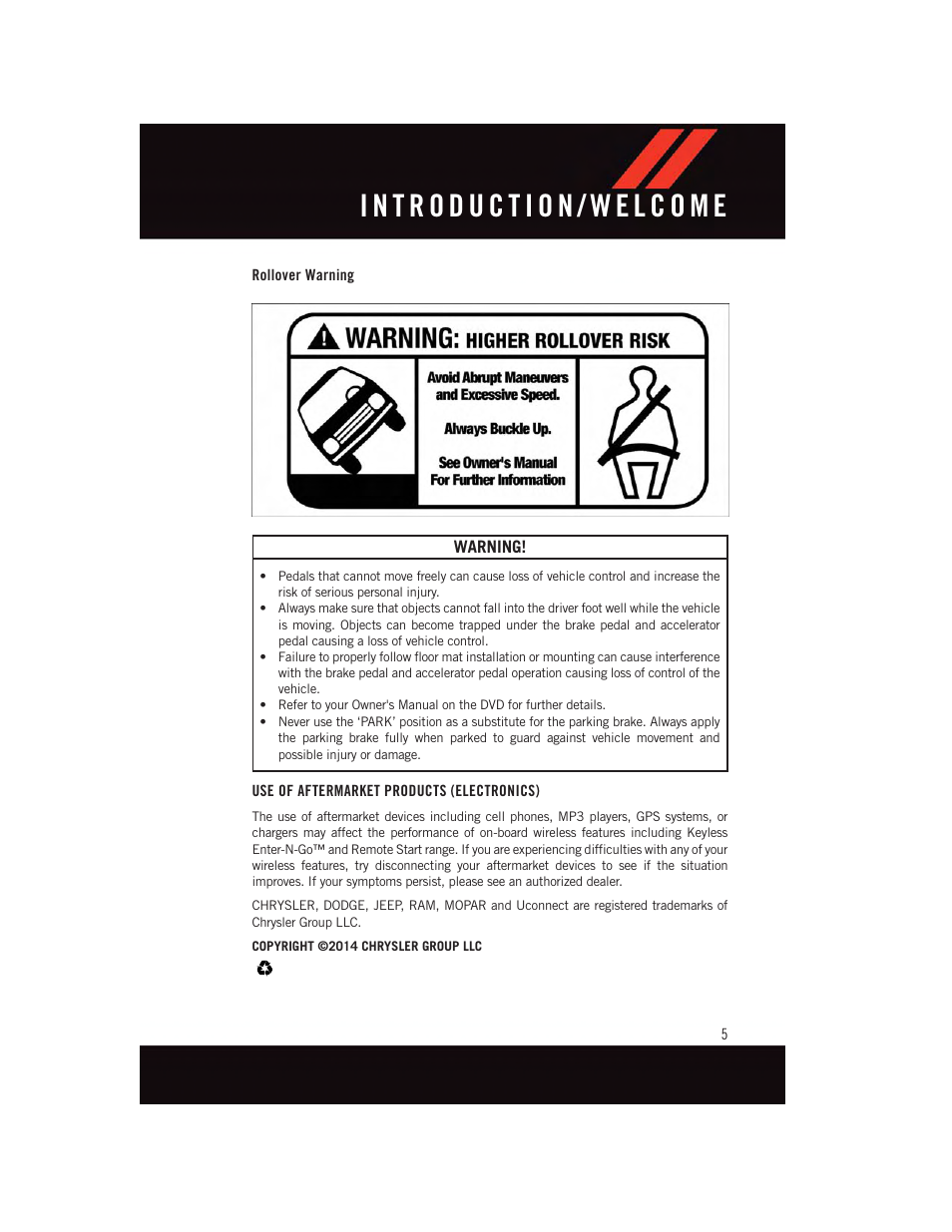 Rollover warning, Use of aftermarket products (electronics) | Dodge 2015 Durango - User Guide User Manual | Page 7 / 228