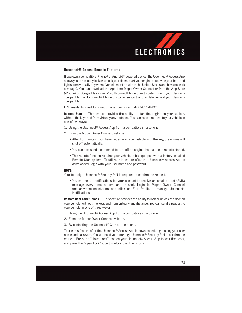 Uconnect® access remote features | Dodge 2015 Durango - User Guide User Manual | Page 75 / 228