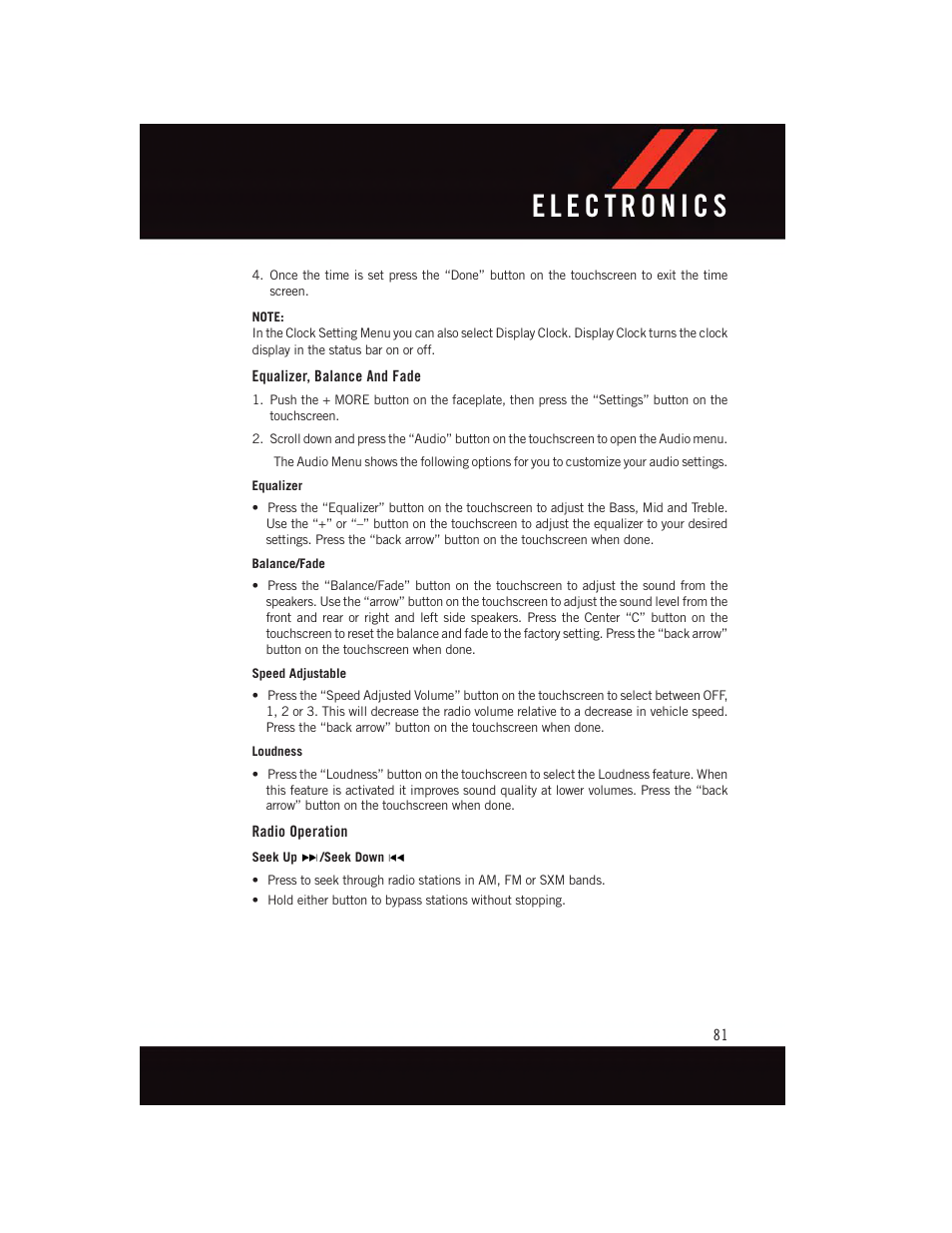 Equalizer, balance and fade, Radio operation | Dodge 2015 Durango - User Guide User Manual | Page 83 / 228