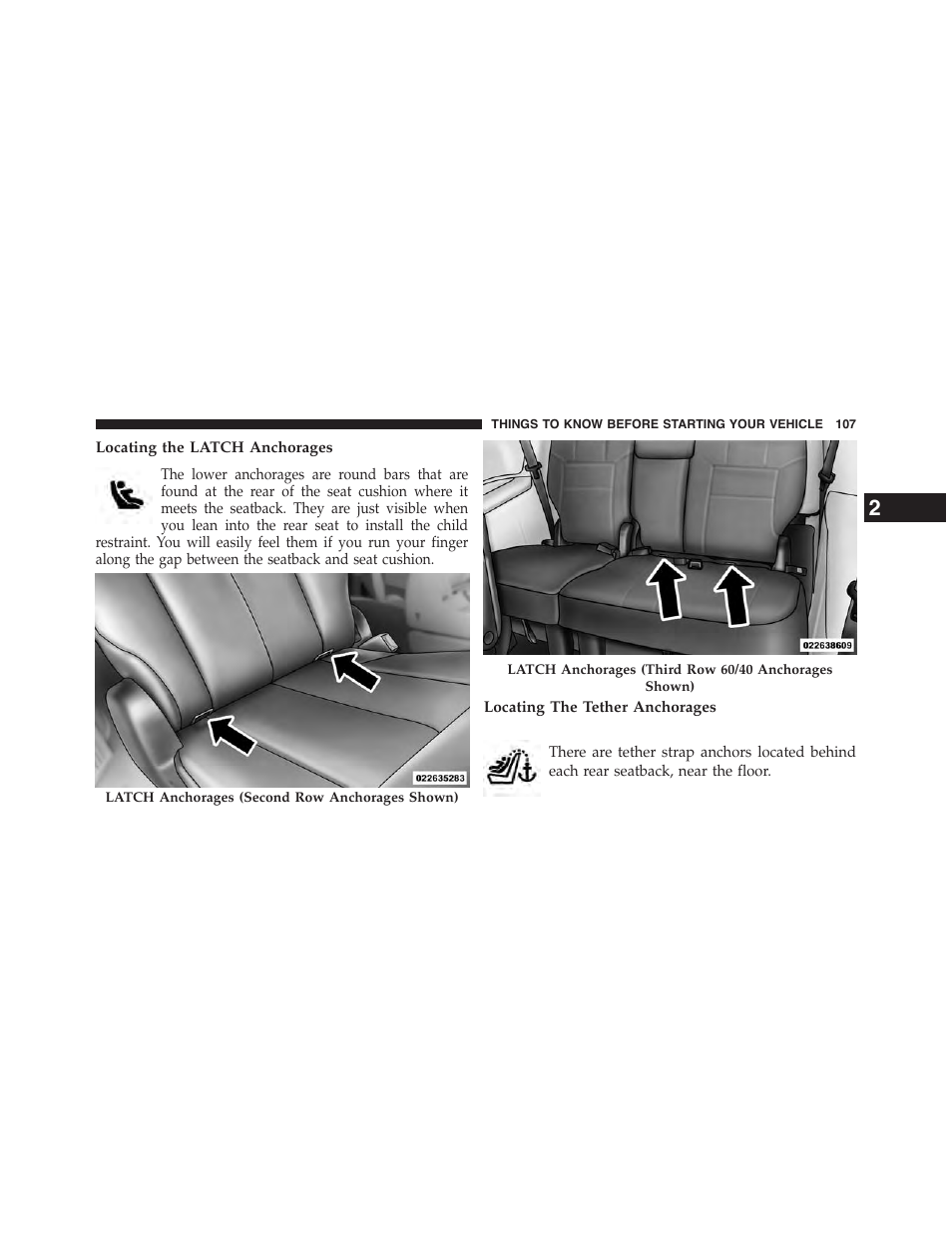 Locating the latch anchorages, Locating the tether anchorages | Dodge 2015 Grand_Caravan - Owner Manual User Manual | Page 109 / 703