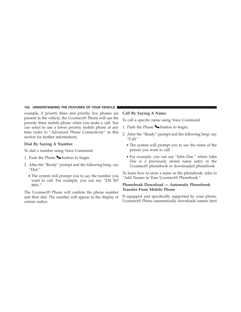 Dial by saying a number, Call by saying a name | Dodge 2015 Grand_Caravan - Owner Manual User Manual | Page 152 / 703