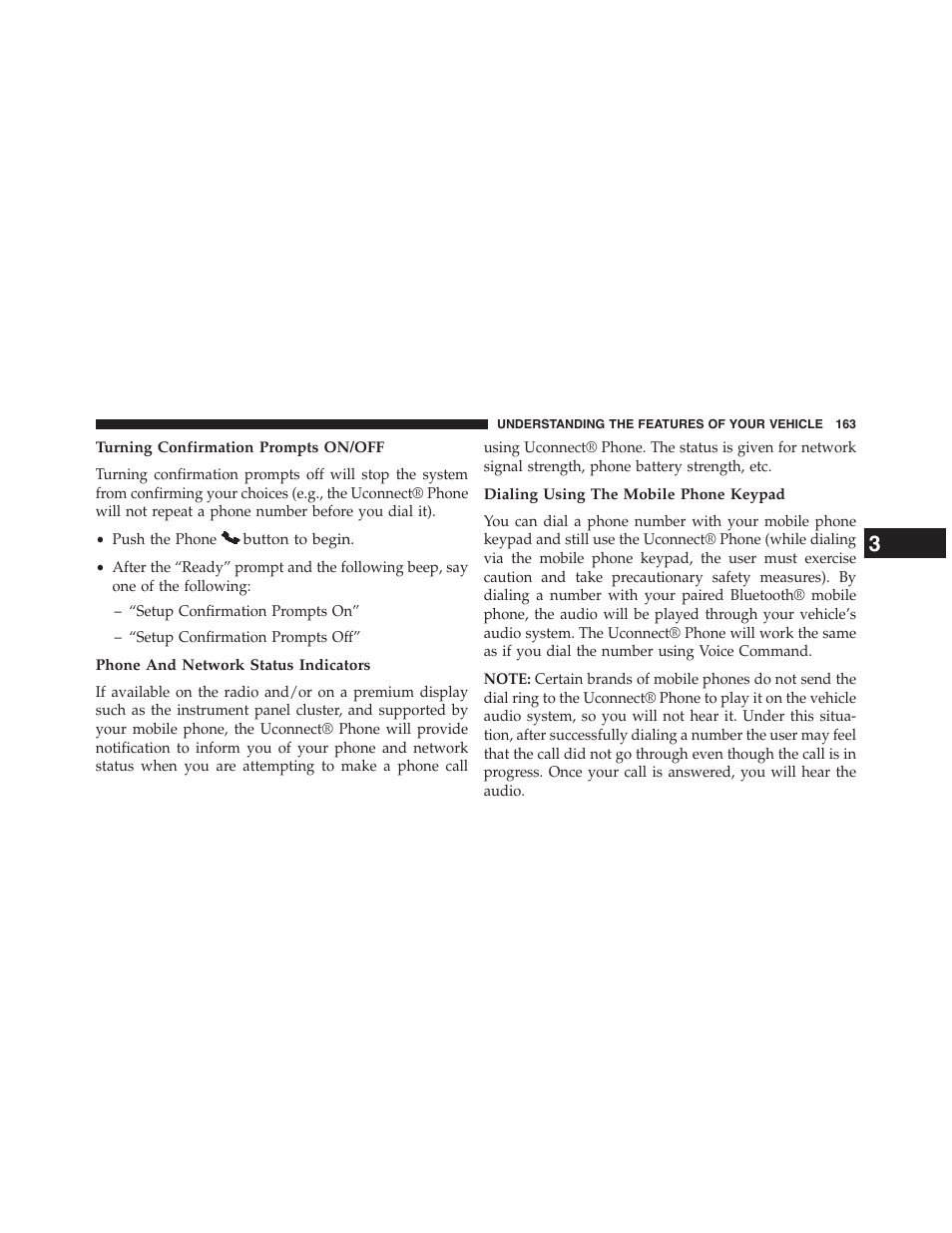 Turning confirmation prompts on/off, Phone and network status indicators, Dialing using the mobile phone keypad | Dodge 2015 Grand_Caravan - Owner Manual User Manual | Page 165 / 703