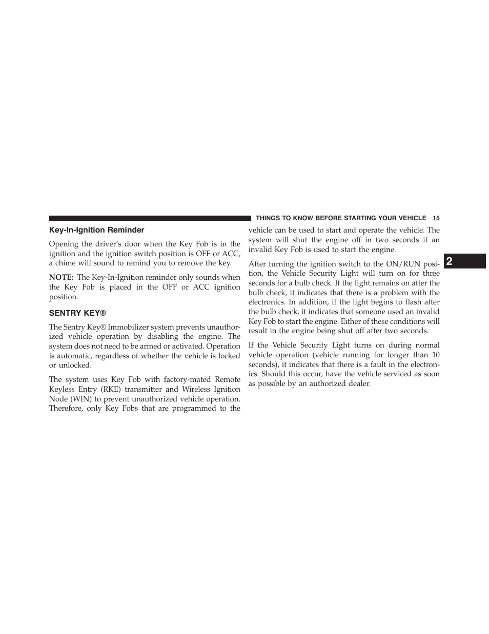 Key-in-ignition reminder, Sentry key | Dodge 2015 Grand_Caravan - Owner Manual User Manual | Page 17 / 703