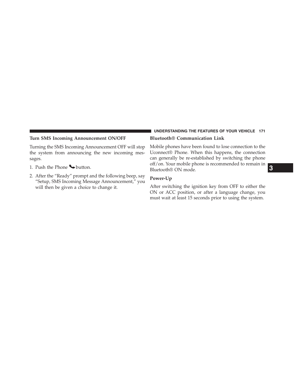 Bluetooth® communication link, Power-up | Dodge 2015 Grand_Caravan - Owner Manual User Manual | Page 173 / 703