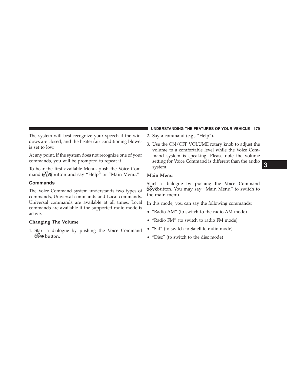 Commands, Changing the volume, Main menu | Dodge 2015 Grand_Caravan - Owner Manual User Manual | Page 181 / 703