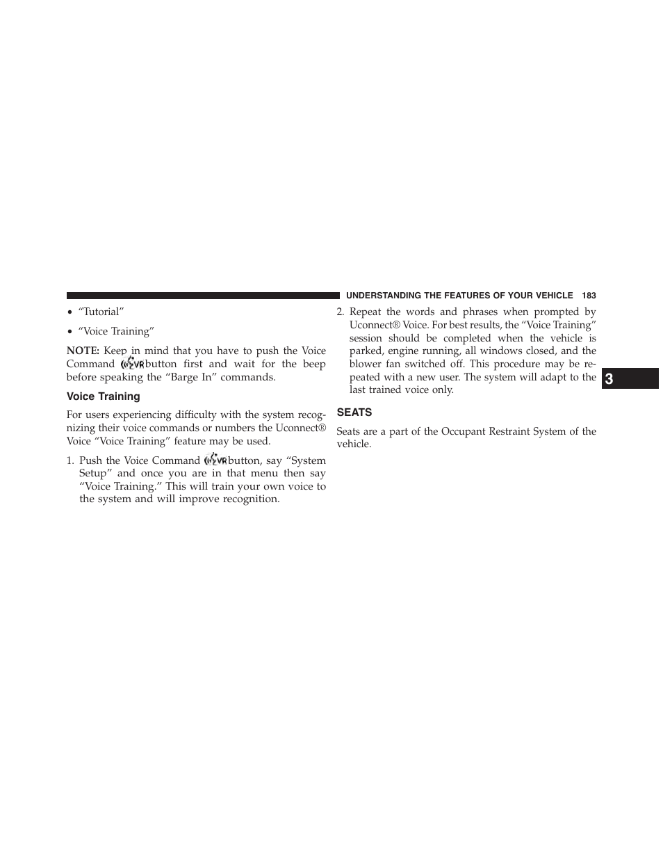 Voice training, Seats | Dodge 2015 Grand_Caravan - Owner Manual User Manual | Page 185 / 703