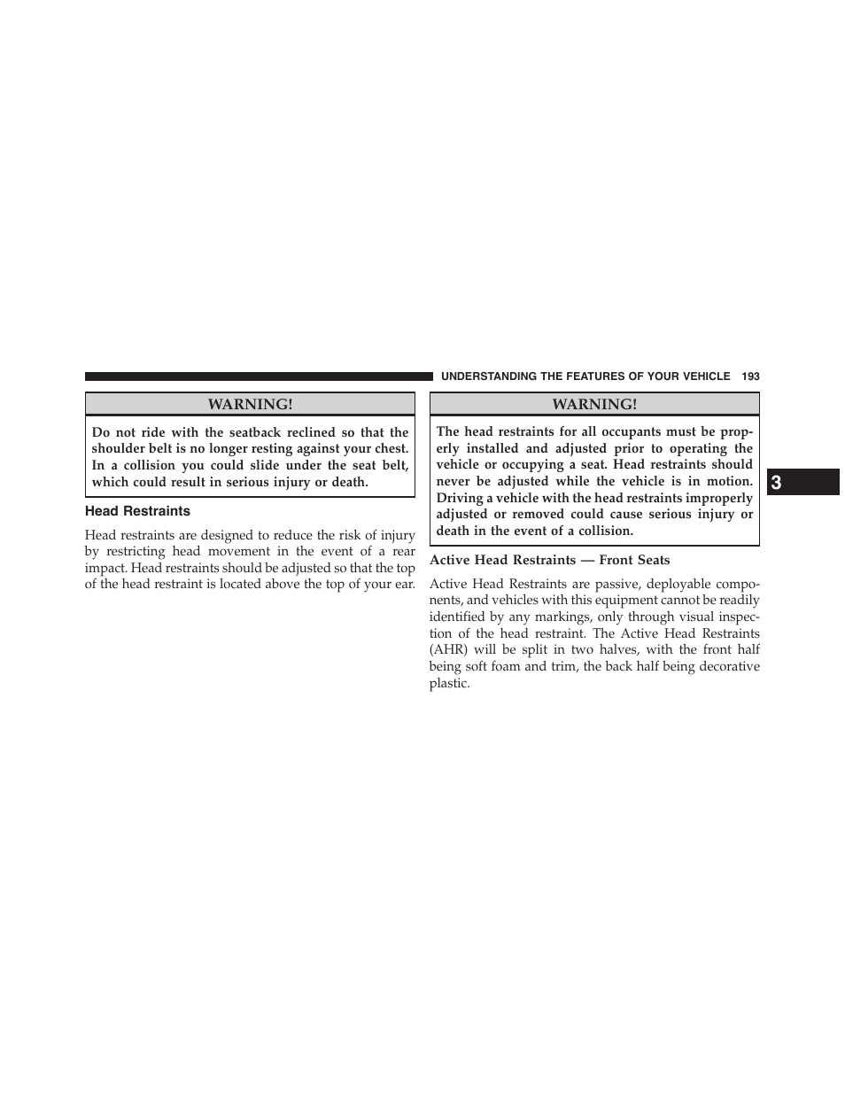 Head restraints, Active head restraints — front seats | Dodge 2015 Grand_Caravan - Owner Manual User Manual | Page 195 / 703