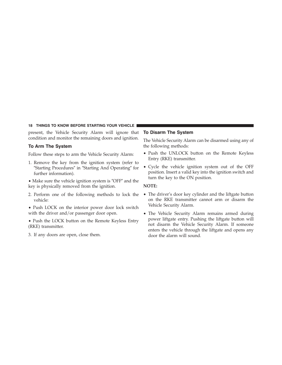 To arm the system, To disarm the system | Dodge 2015 Grand_Caravan - Owner Manual User Manual | Page 20 / 703