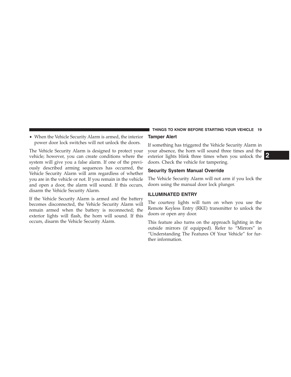Tamper alert, Security system manual override, Illuminated entry | Dodge 2015 Grand_Caravan - Owner Manual User Manual | Page 21 / 703