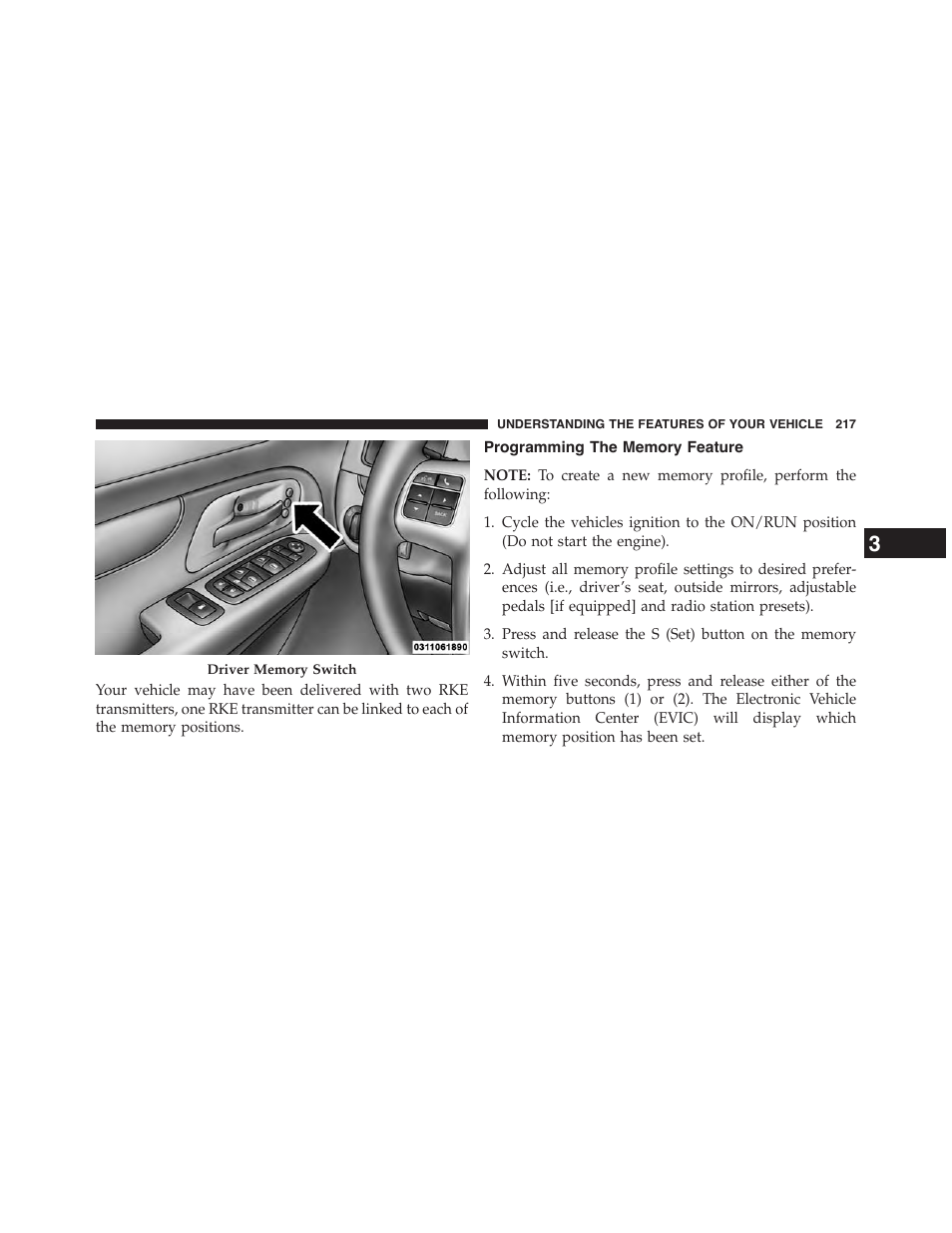 Programming the memory feature | Dodge 2015 Grand_Caravan - Owner Manual User Manual | Page 219 / 703