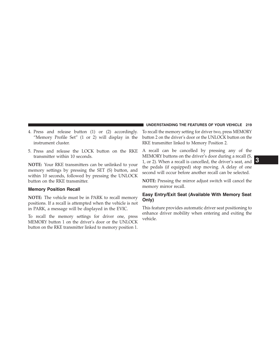 Memory position recall, Easy entry/exit seat (available with memory, Seat only) | Dodge 2015 Grand_Caravan - Owner Manual User Manual | Page 221 / 703