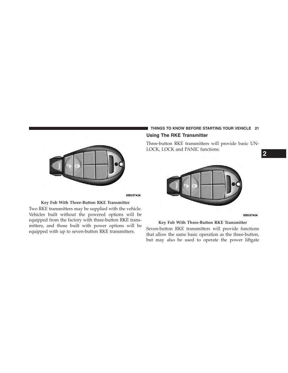 Using the rke transmitter | Dodge 2015 Grand_Caravan - Owner Manual User Manual | Page 23 / 703
