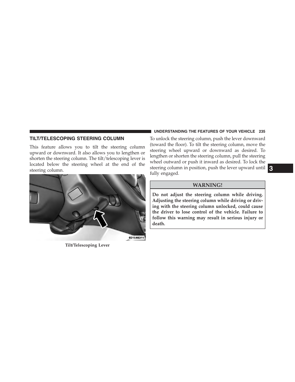 Tilt/telescoping steering column | Dodge 2015 Grand_Caravan - Owner Manual User Manual | Page 237 / 703