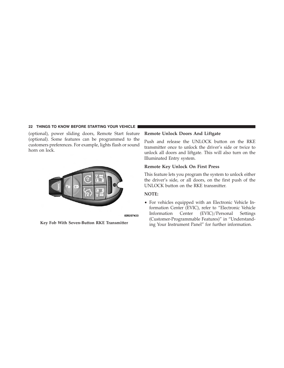 Remote unlock doors and liftgate, Remote key unlock on first press | Dodge 2015 Grand_Caravan - Owner Manual User Manual | Page 24 / 703