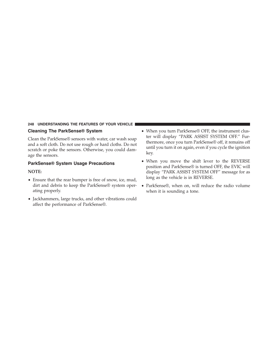 Cleaning the parksense® system, Parksense® system usage precautions | Dodge 2015 Grand_Caravan - Owner Manual User Manual | Page 250 / 703