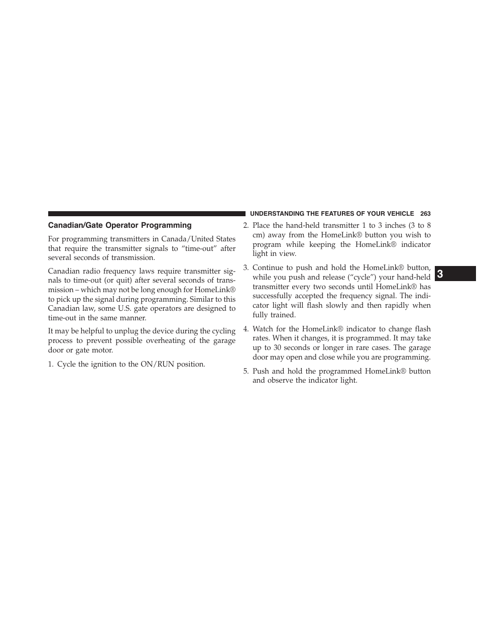 Canadian/gate operator programming | Dodge 2015 Grand_Caravan - Owner Manual User Manual | Page 265 / 703