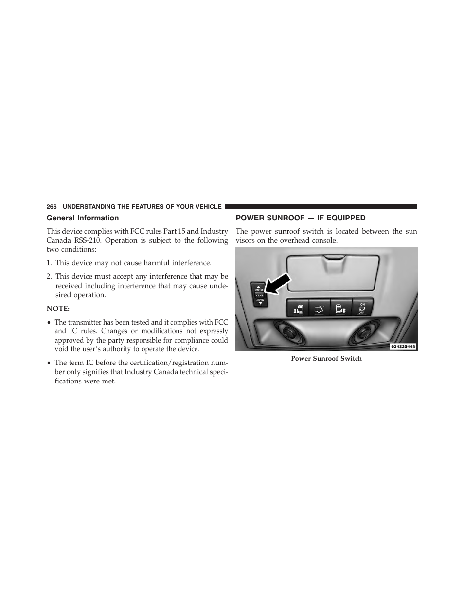 General information, Power sunroof — if equipped | Dodge 2015 Grand_Caravan - Owner Manual User Manual | Page 268 / 703