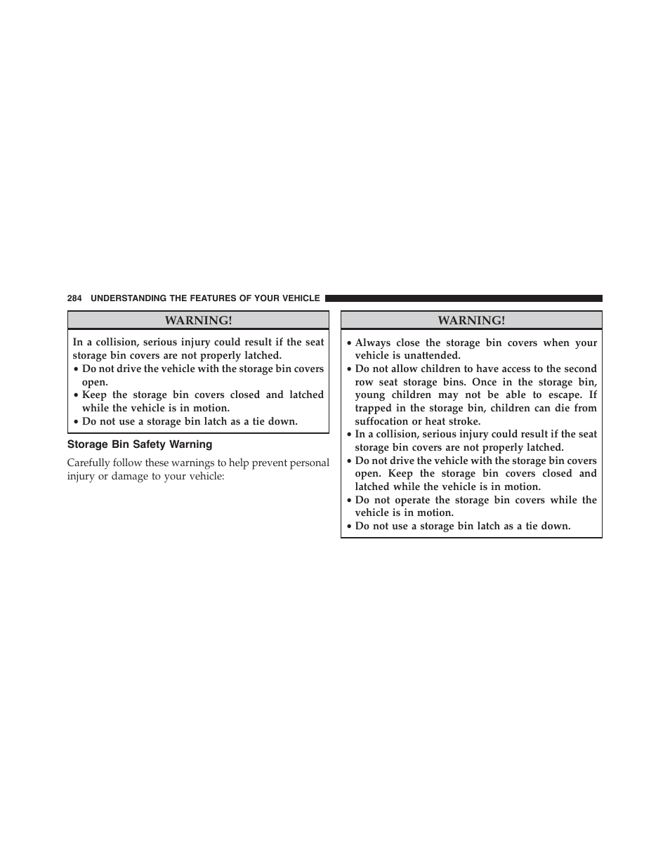 Storage bin safety warning | Dodge 2015 Grand_Caravan - Owner Manual User Manual | Page 286 / 703