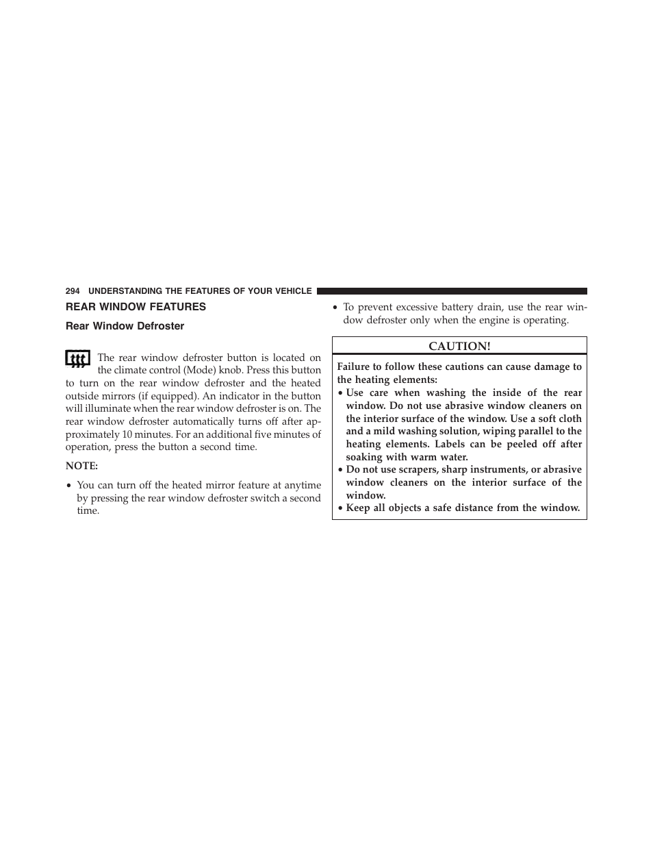 Rear window features, Rear window defroster | Dodge 2015 Grand_Caravan - Owner Manual User Manual | Page 296 / 703