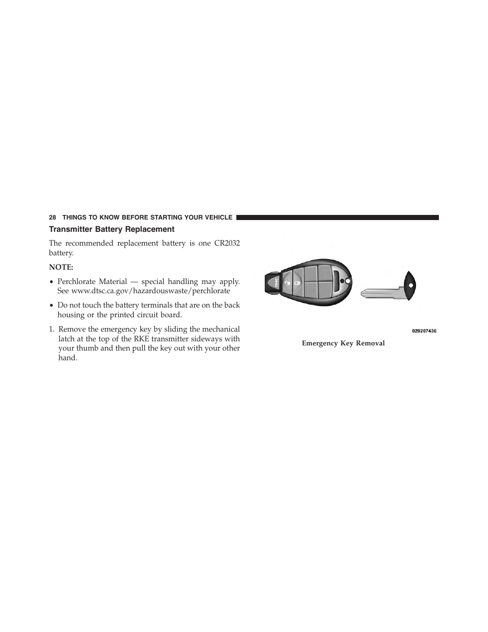 Transmitter battery replacement | Dodge 2015 Grand_Caravan - Owner Manual User Manual | Page 30 / 703