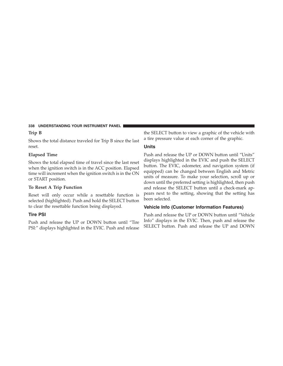 Trip b, Elapsed time, To reset a trip function | Tire psi, Units, Vehicle info (customer information features) | Dodge 2015 Grand_Caravan - Owner Manual User Manual | Page 340 / 703