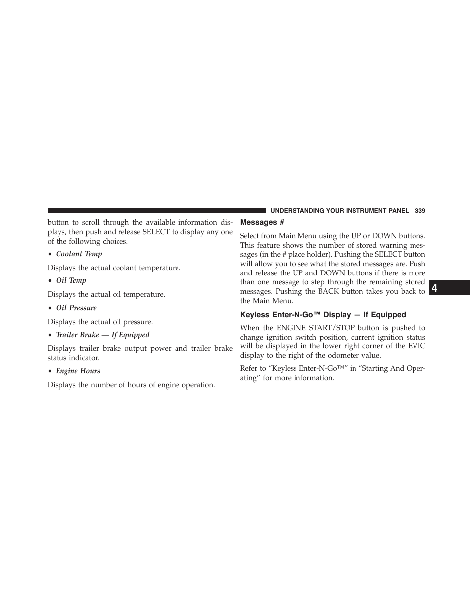 Messages, Keyless enter-n-go™ display — if equipped | Dodge 2015 Grand_Caravan - Owner Manual User Manual | Page 341 / 703
