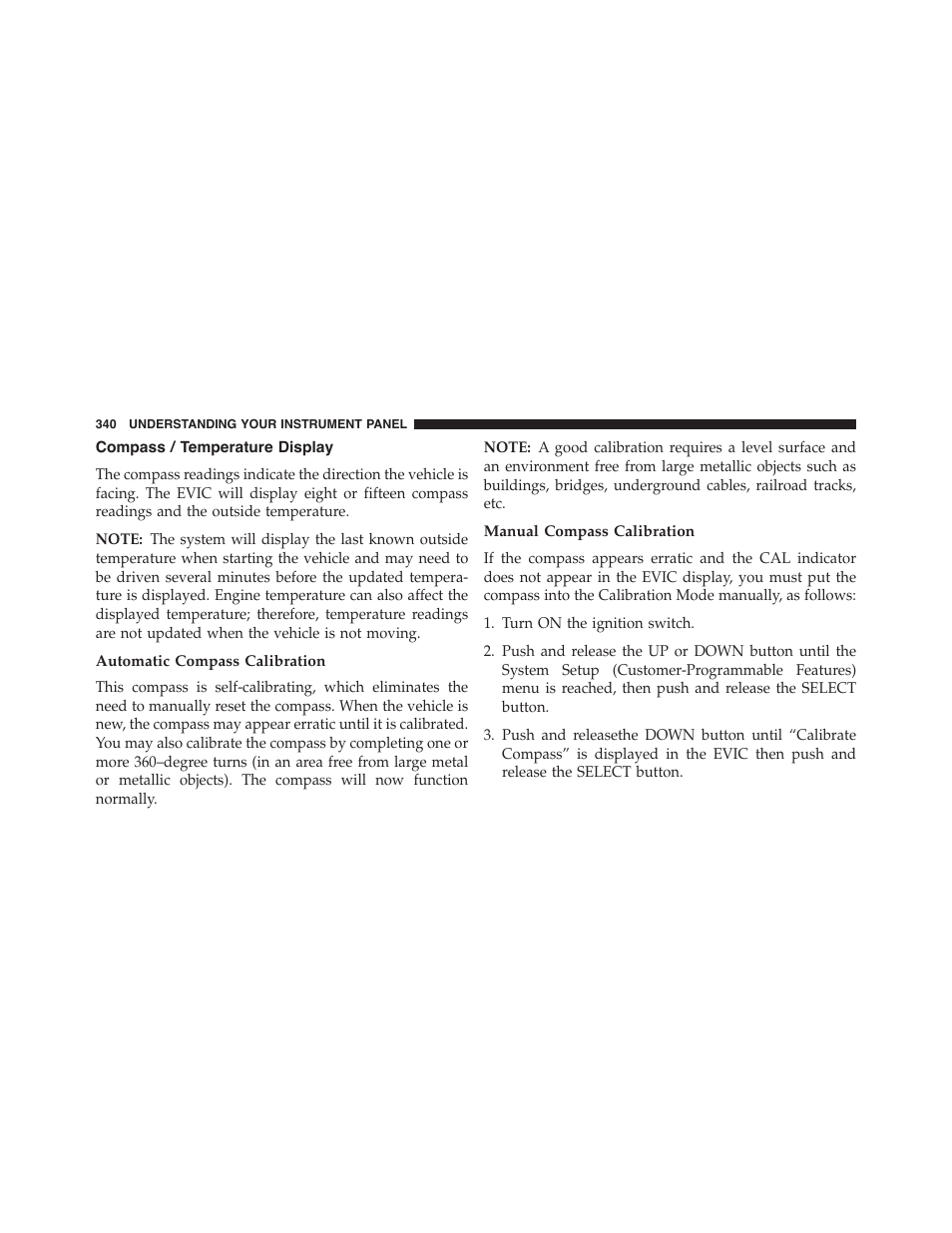 Compass / temperature display, Automatic compass calibration, Manual compass calibration | Dodge 2015 Grand_Caravan - Owner Manual User Manual | Page 342 / 703