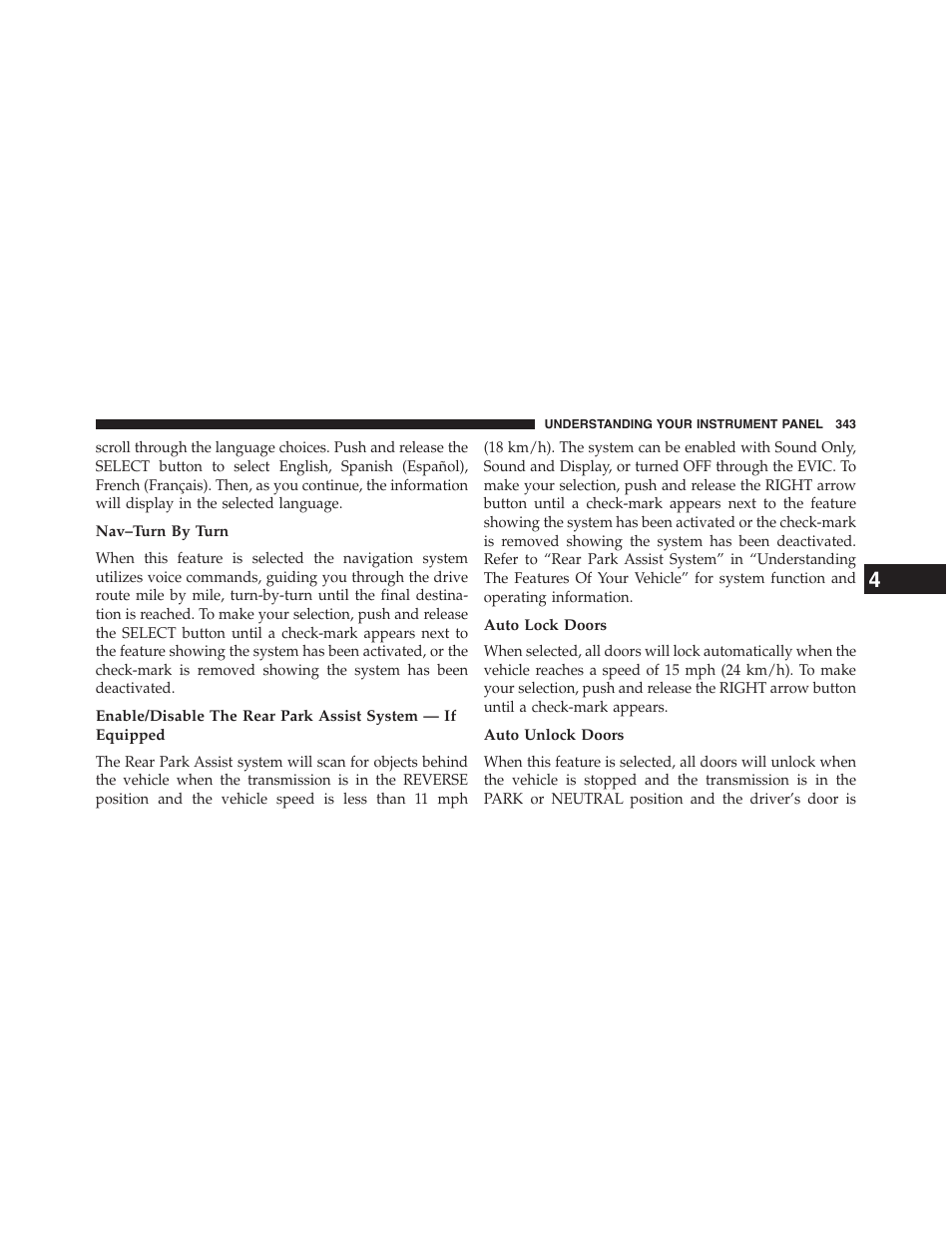Nav–turn by turn, Auto lock doors, Auto unlock doors | Dodge 2015 Grand_Caravan - Owner Manual User Manual | Page 345 / 703
