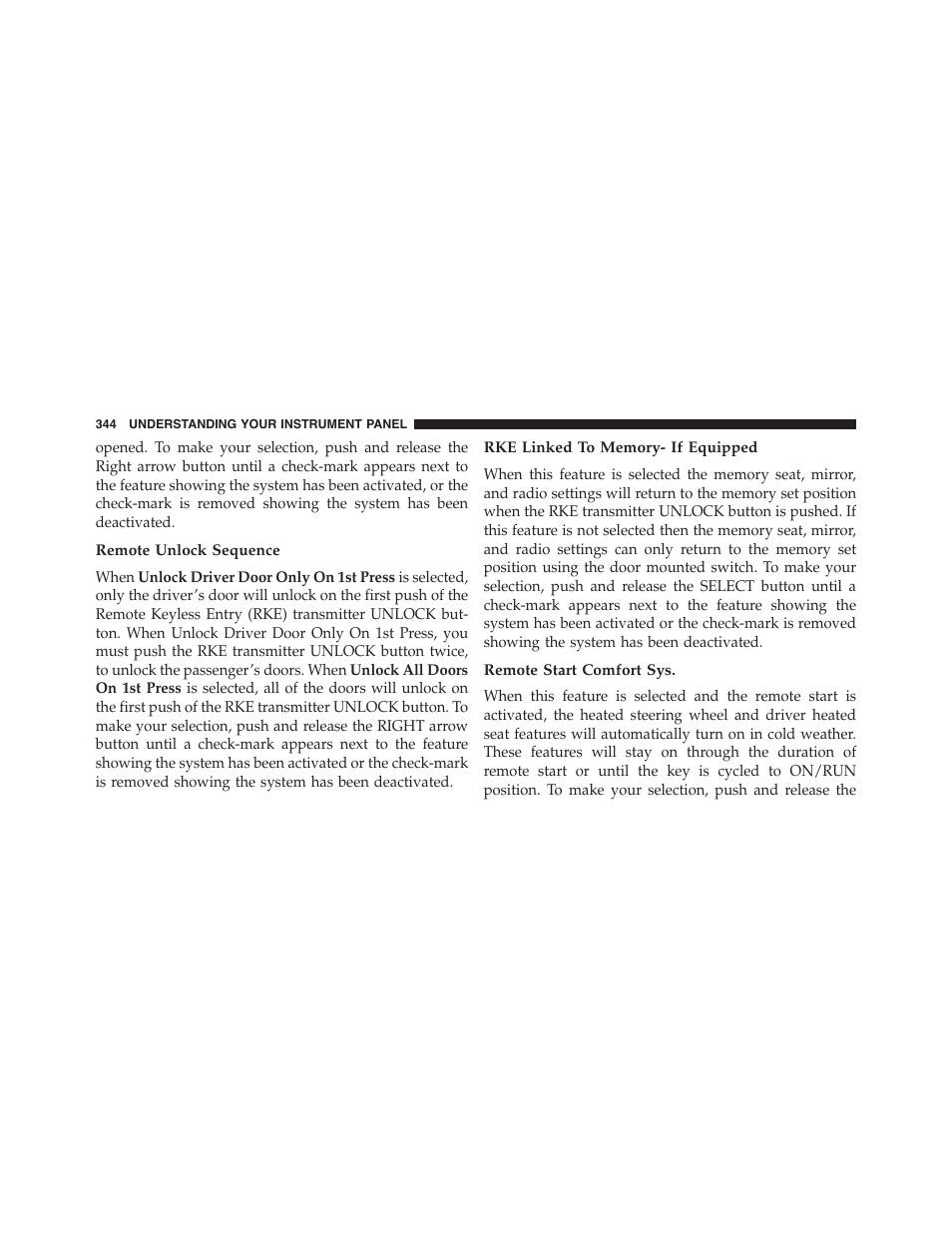 Remote unlock sequence, Rke linked to memory- if equipped, Remote start comfort sys | Dodge 2015 Grand_Caravan - Owner Manual User Manual | Page 346 / 703