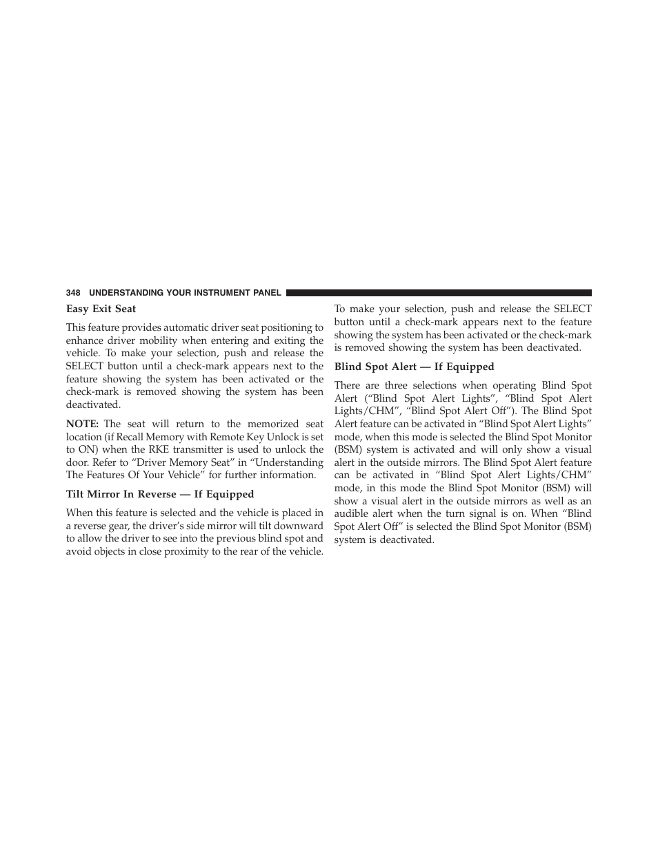 Easy exit seat, Tilt mirror in reverse — if equipped, Blind spot alert — if equipped | Dodge 2015 Grand_Caravan - Owner Manual User Manual | Page 350 / 703