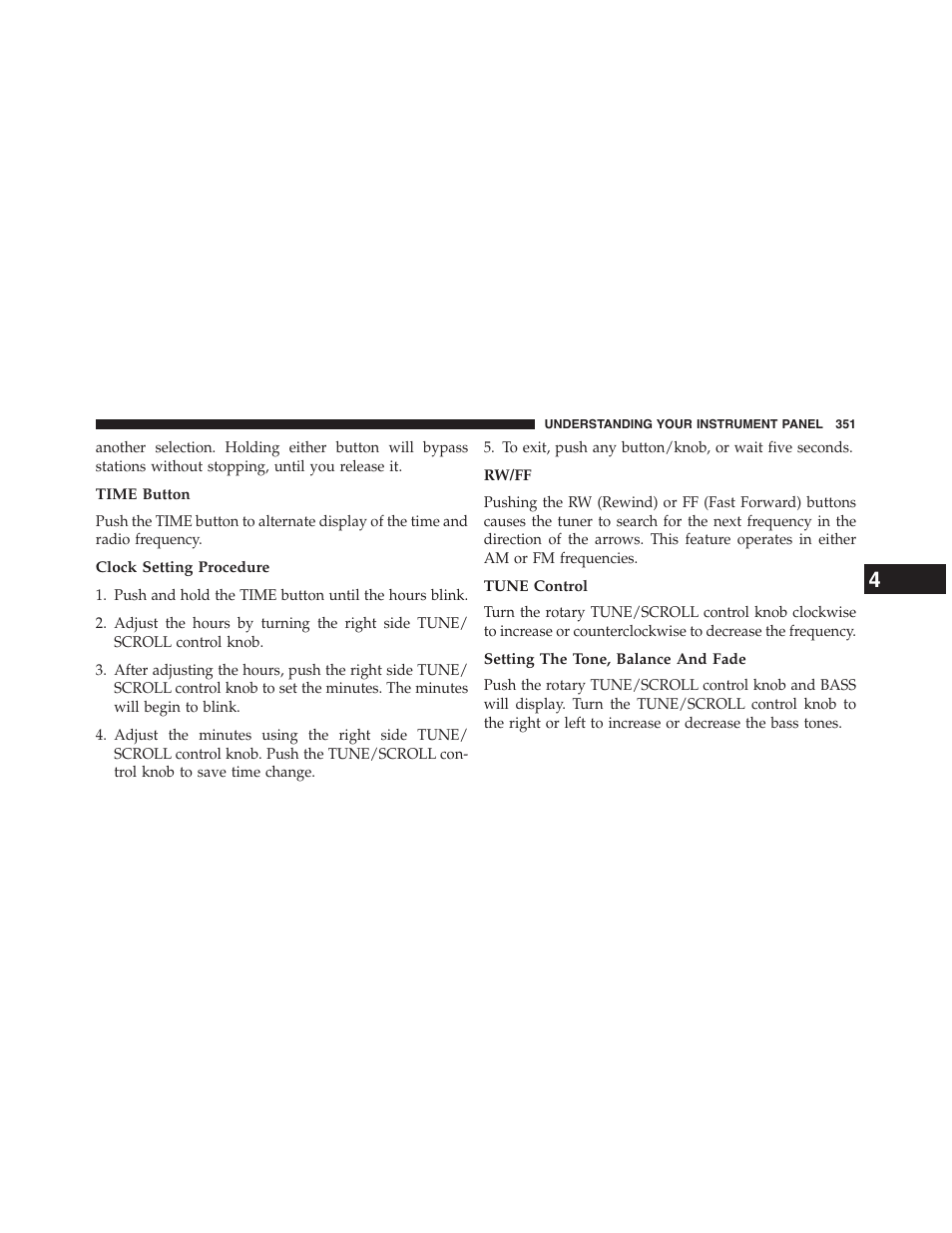 Time button, Clock setting procedure, Rw/ff | Tune control, Setting the tone, balance and fade | Dodge 2015 Grand_Caravan - Owner Manual User Manual | Page 353 / 703