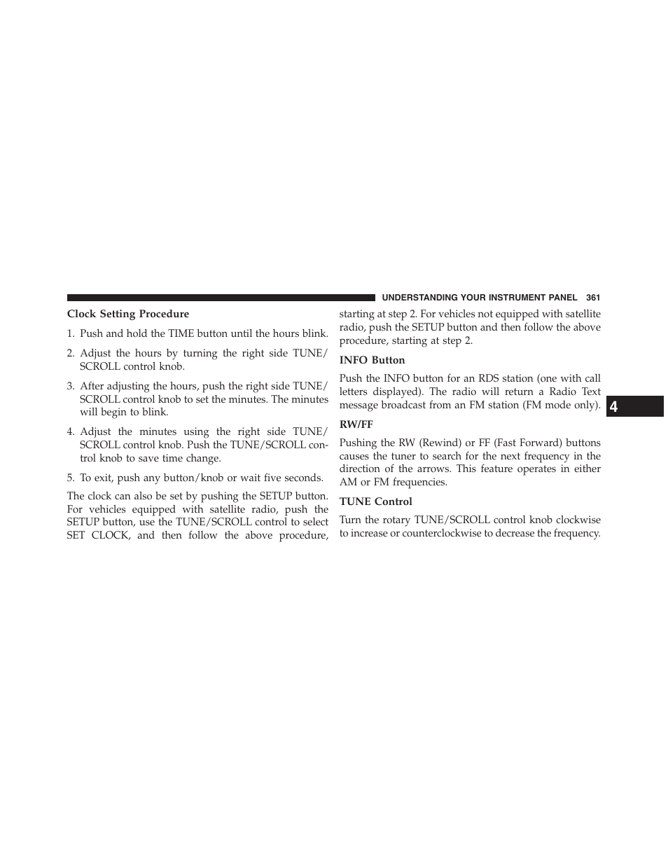 Clock setting procedure, Info button, Rw/ff | Tune control | Dodge 2015 Grand_Caravan - Owner Manual User Manual | Page 363 / 703