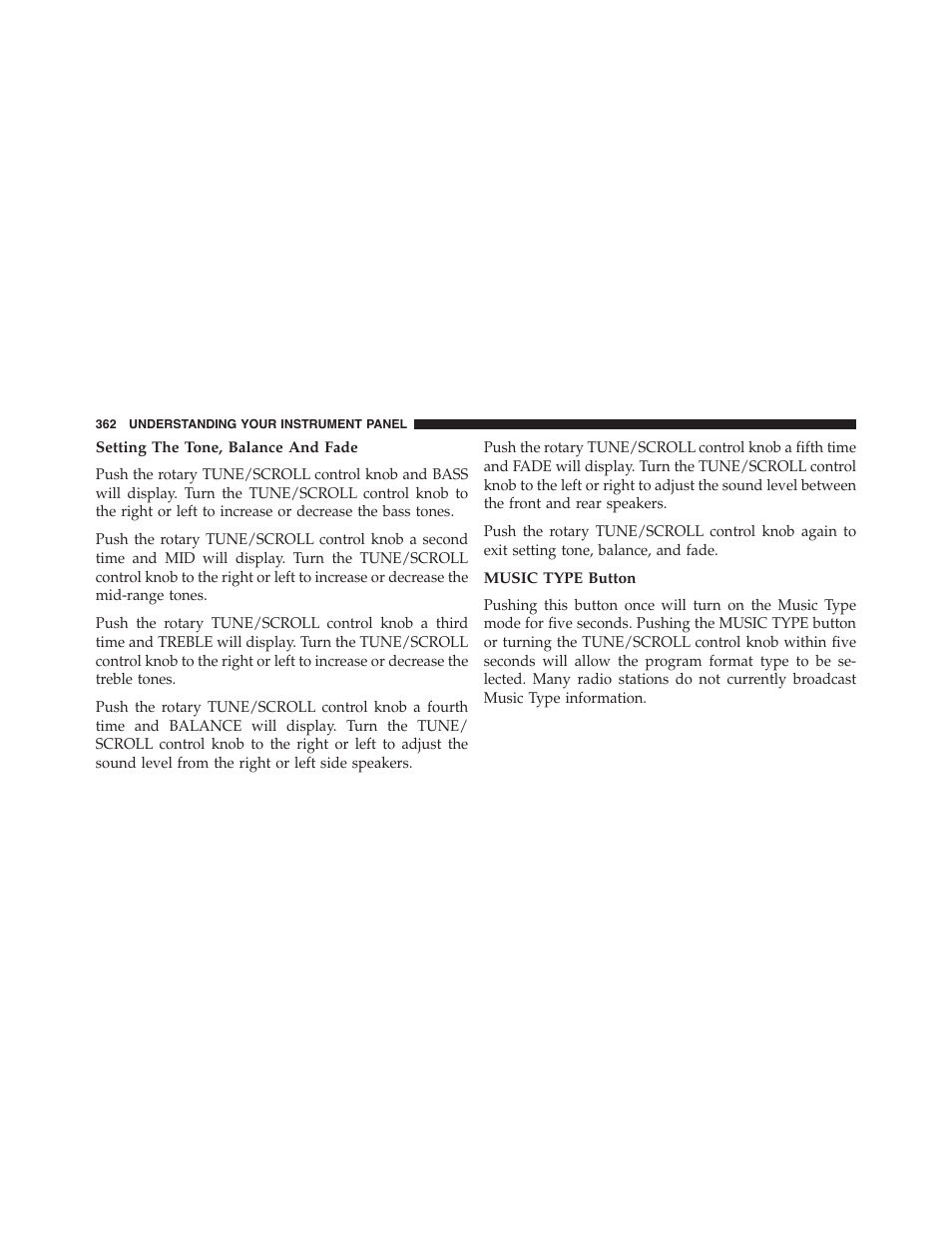 Setting the tone, balance and fade, Music type button | Dodge 2015 Grand_Caravan - Owner Manual User Manual | Page 364 / 703