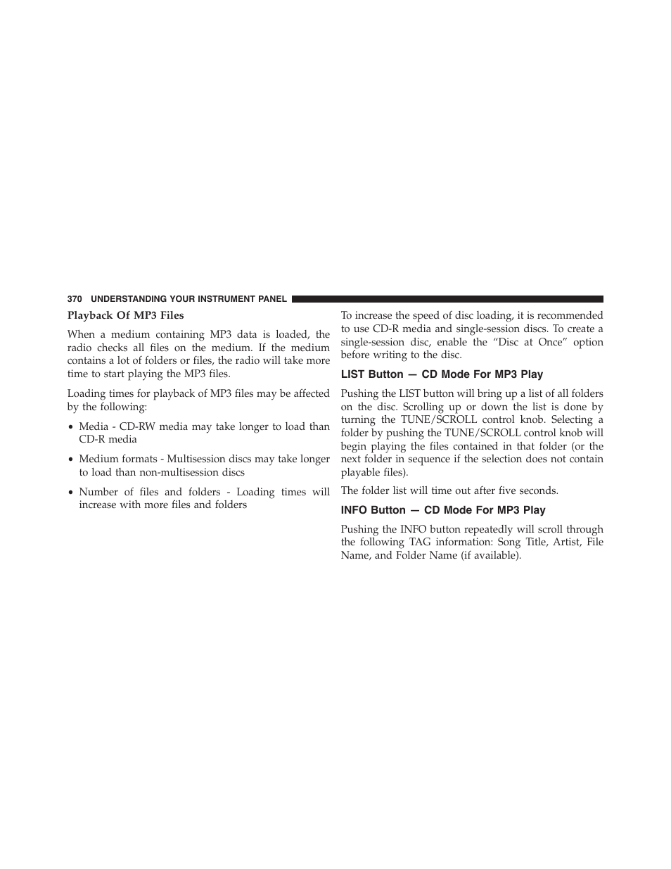 Playback of mp3 files, List button — cd mode for mp3 play, Info button — cd mode for mp3 play | Dodge 2015 Grand_Caravan - Owner Manual User Manual | Page 372 / 703