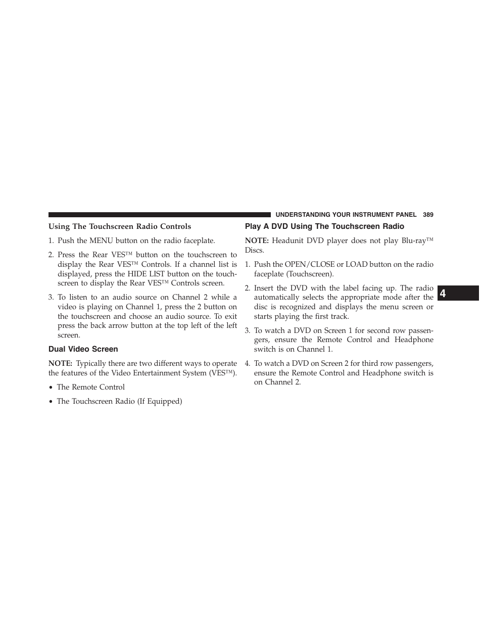Using the touchscreen radio controls, Dual video screen, Play a dvd using the touchscreen radio | Dodge 2015 Grand_Caravan - Owner Manual User Manual | Page 391 / 703