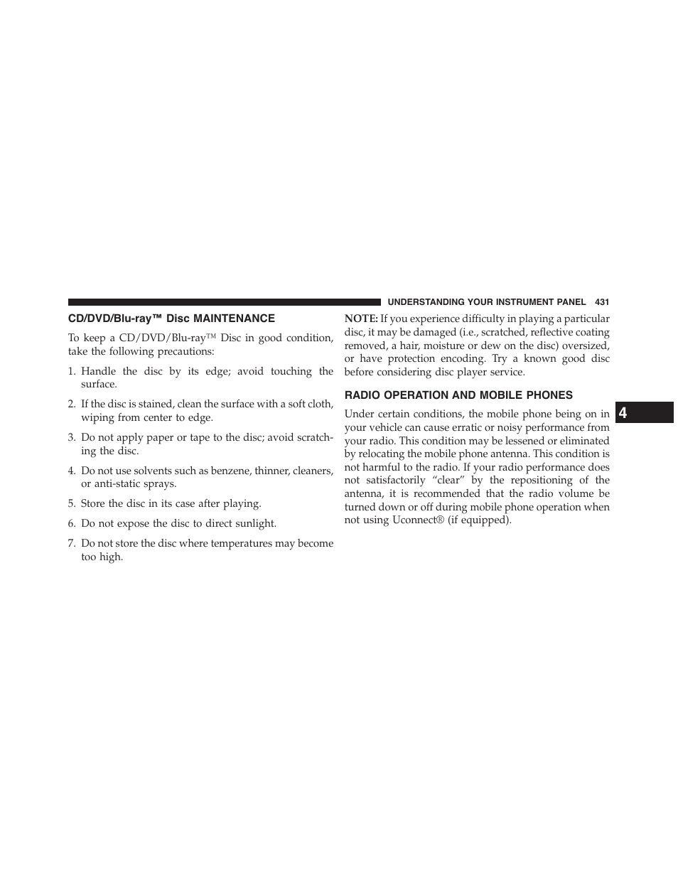 Cd/dvd/blu-ray™ disc maintenance, Radio operation and mobile phones | Dodge 2015 Grand_Caravan - Owner Manual User Manual | Page 433 / 703