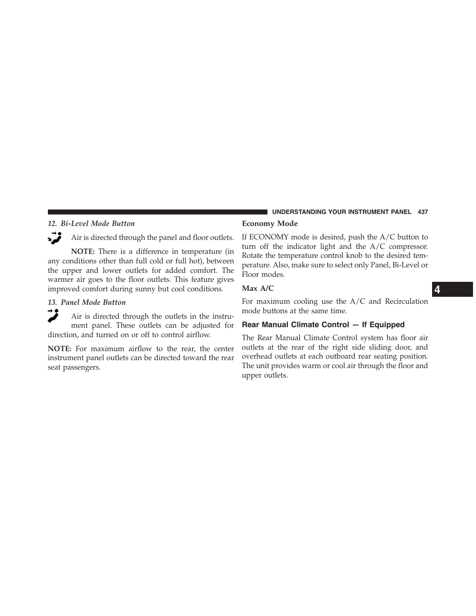 Economy mode, Max a/c, Rear manual climate control — if equipped | Dodge 2015 Grand_Caravan - Owner Manual User Manual | Page 439 / 703