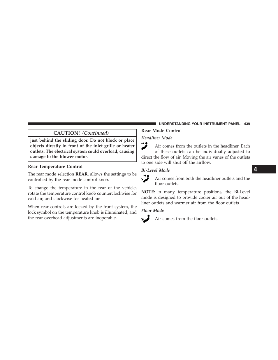 Rear temperature control, Rear mode control | Dodge 2015 Grand_Caravan - Owner Manual User Manual | Page 441 / 703