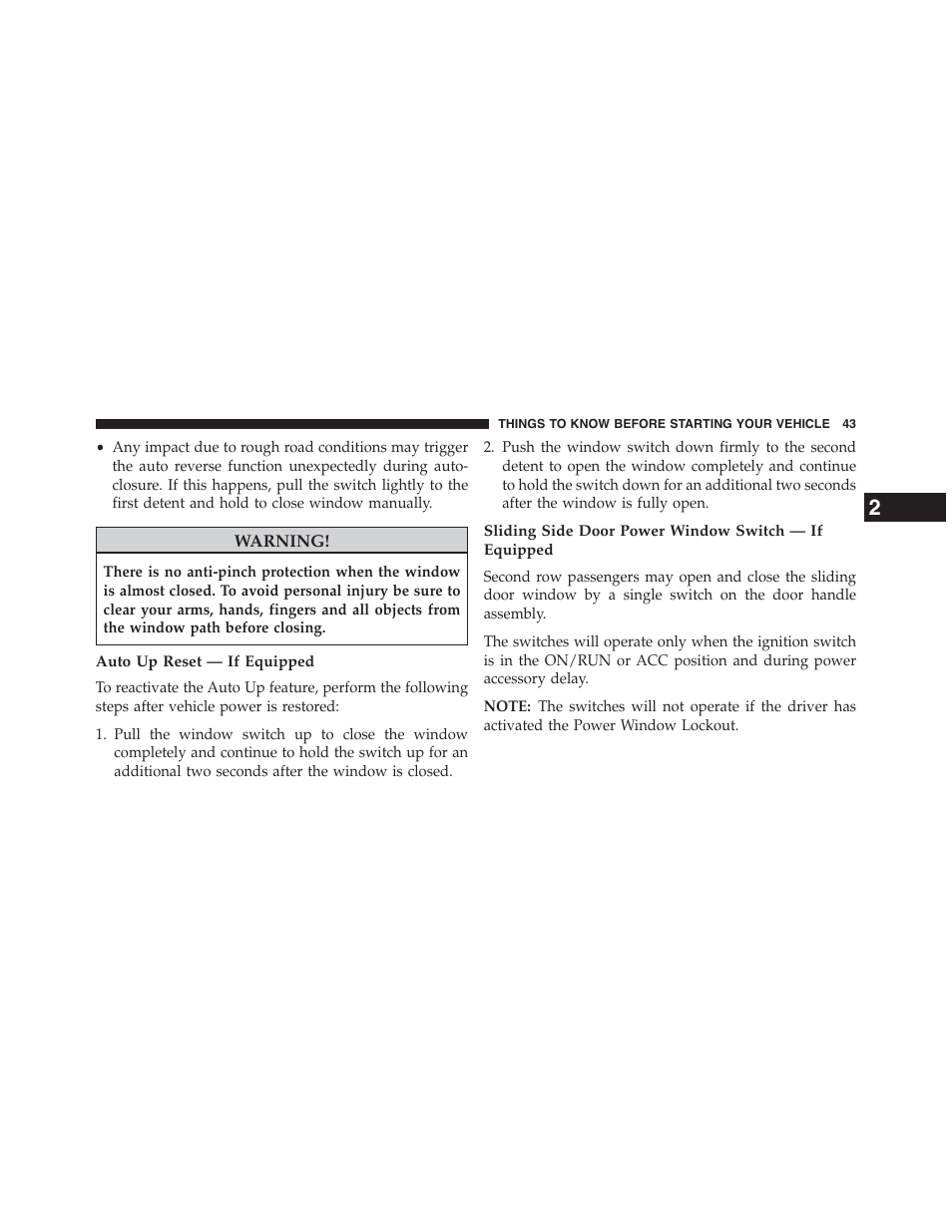 Auto up reset — if equipped | Dodge 2015 Grand_Caravan - Owner Manual User Manual | Page 45 / 703