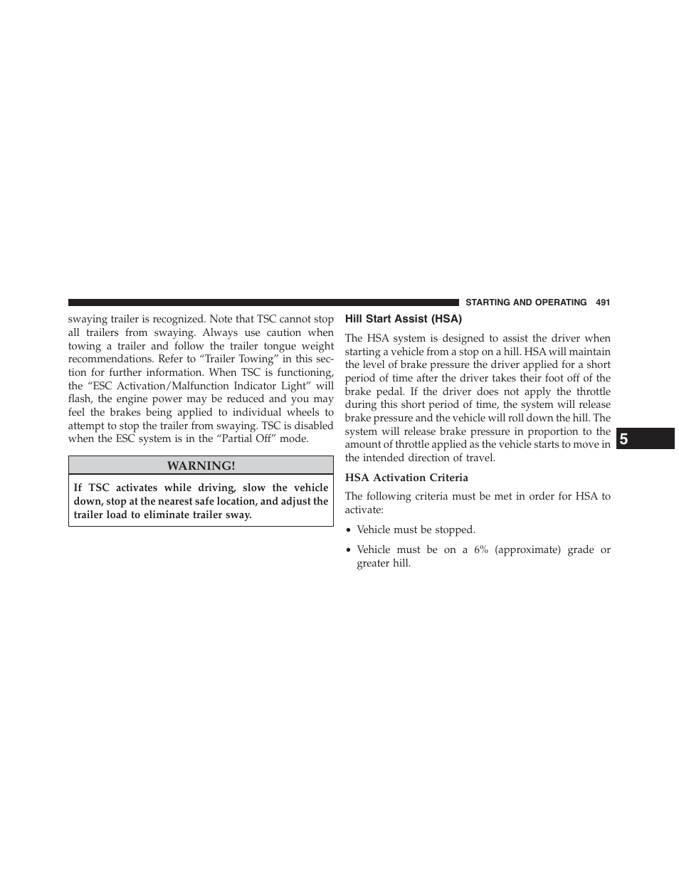 Hill start assist (hsa), Hsa activation criteria | Dodge 2015 Grand_Caravan - Owner Manual User Manual | Page 493 / 703