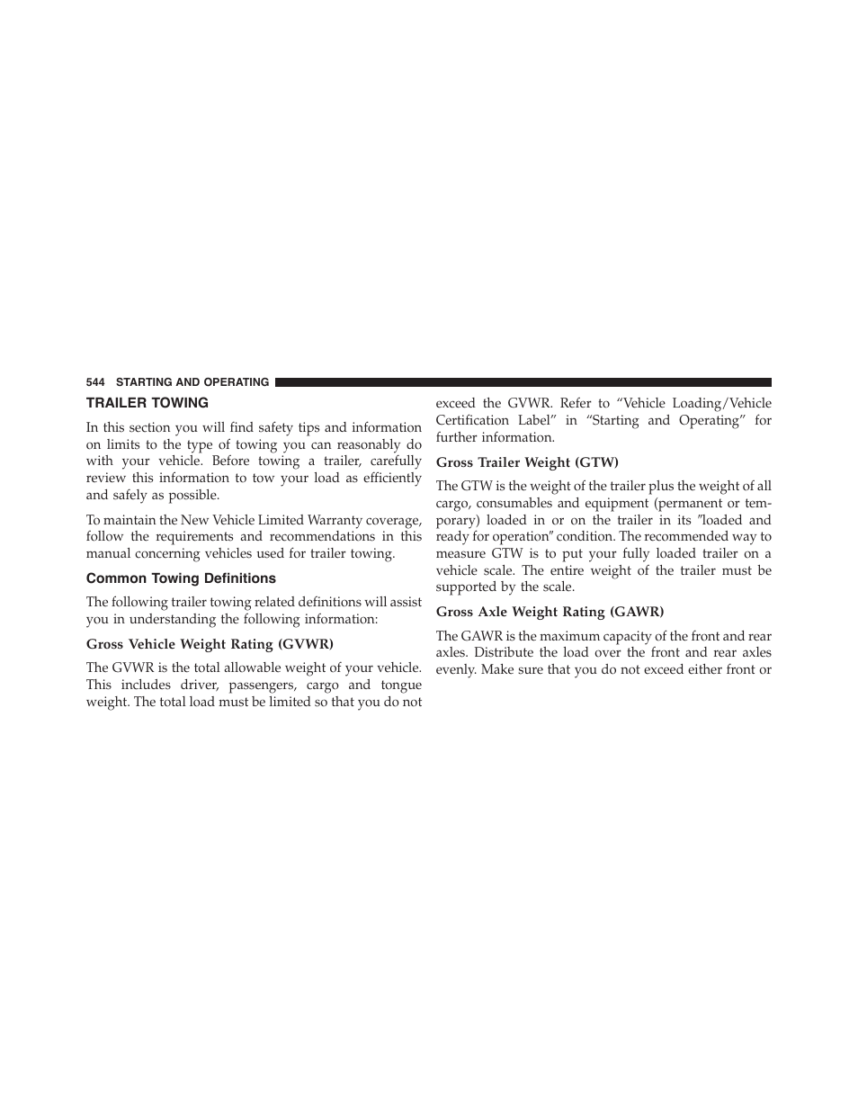 Trailer towing, Common towing definitions, Gross vehicle weight rating (gvwr) | Gross trailer weight (gtw), Gross axle weight rating (gawr) | Dodge 2015 Grand_Caravan - Owner Manual User Manual | Page 546 / 703