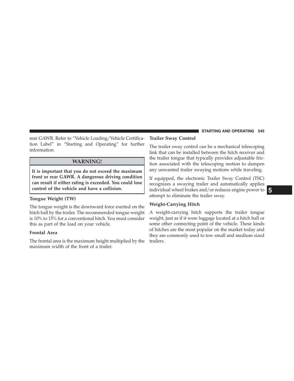Tongue weight (tw), Frontal area, Trailer sway control | Weight-carrying hitch | Dodge 2015 Grand_Caravan - Owner Manual User Manual | Page 547 / 703